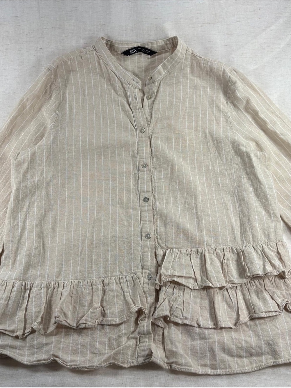 Zara Cream Striped Ruffle Button-Down Blouse